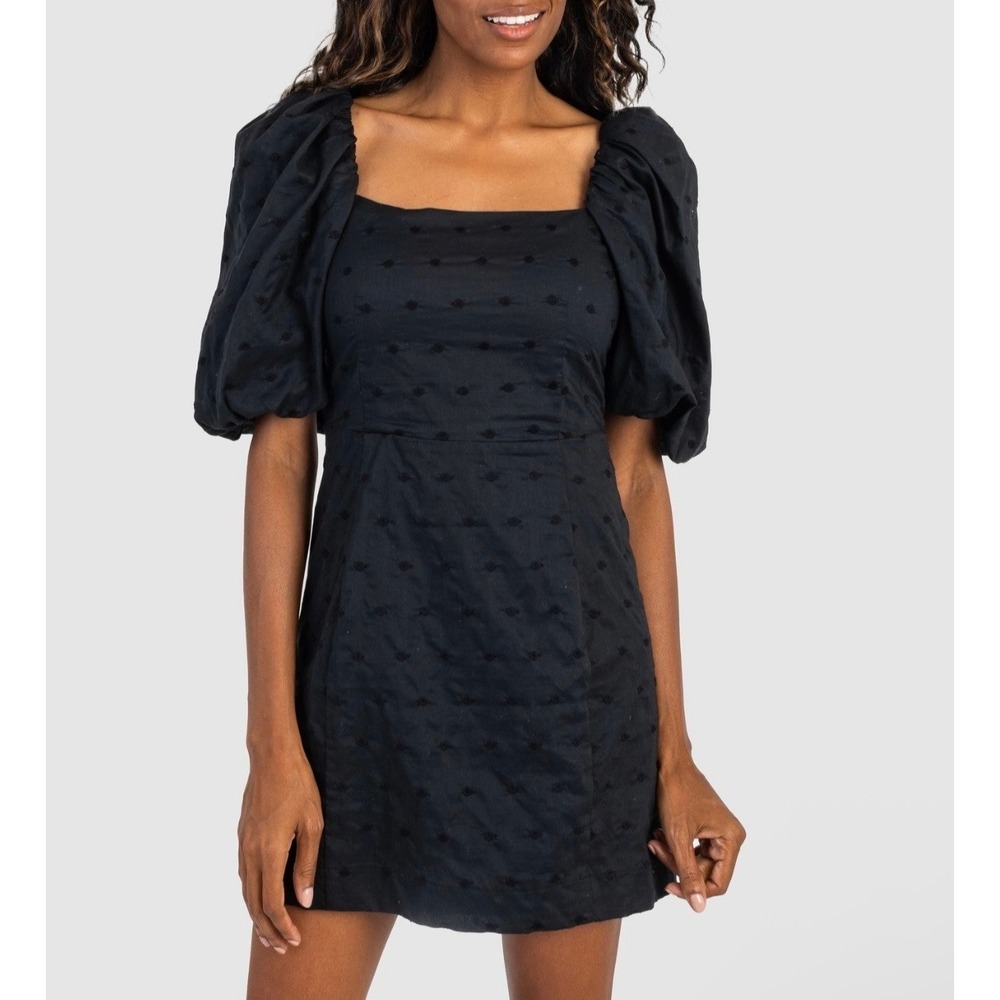 Koch‎ Chloe Swiss Dot Embroidered Puff Sleeve Mini Dress Square Neck Black Small